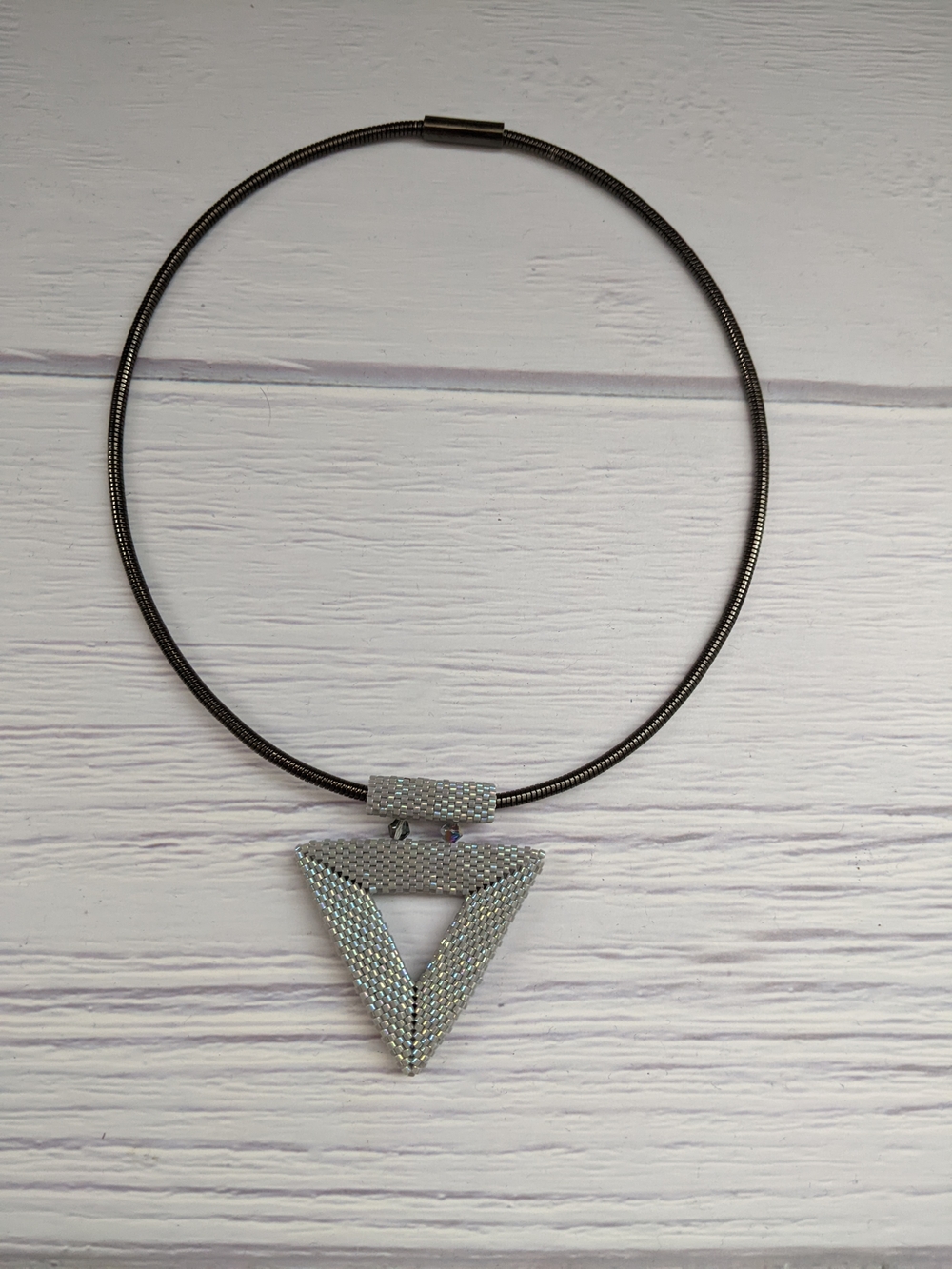 Iridescent Silver & Gold Triangle Beaded Pendant Necklace - Picture 9 of 9